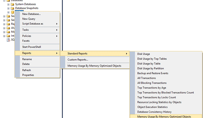 Screenshot showing the Object Explorer with Reports > Standard Reports > Memory Usage By Memory Optimized Objects selected.