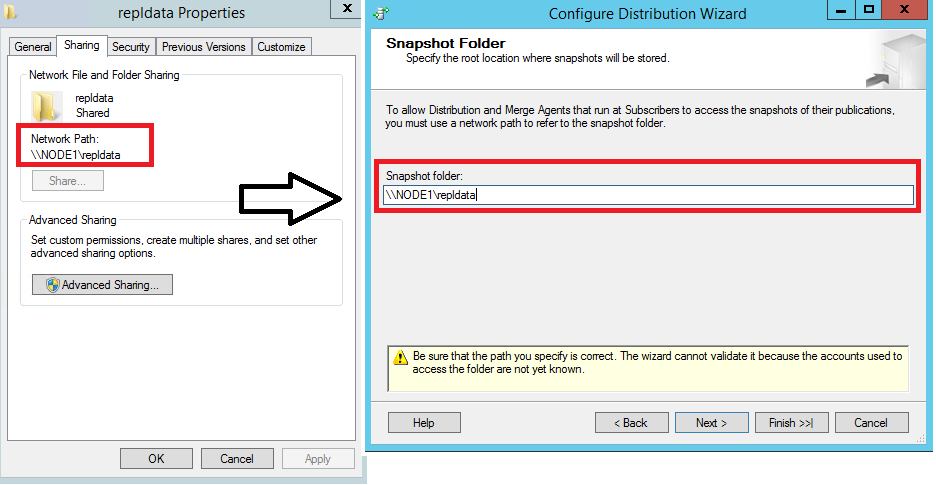Comparison of network paths in the "repldata Properties" dialog box and in the Configure Distribution Wizard