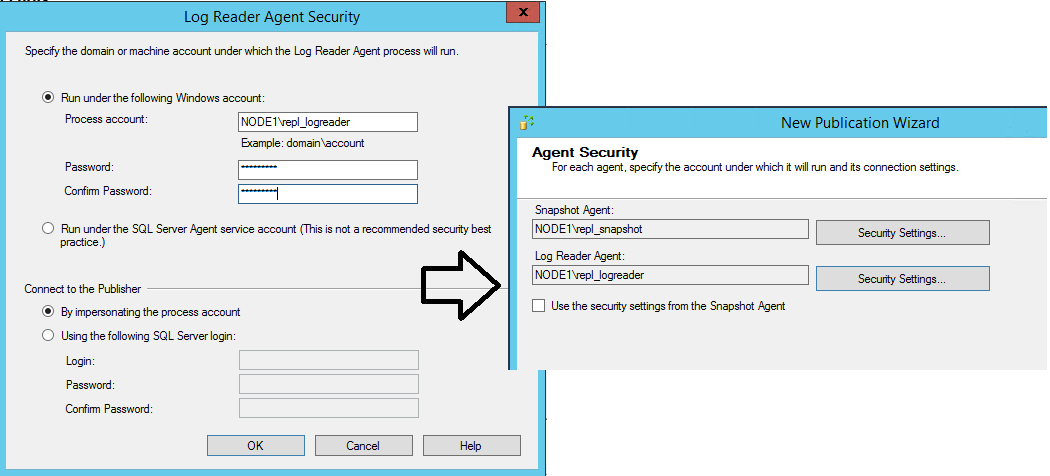 "Log Reader Agent Security" dialog box and "Agent Security" page