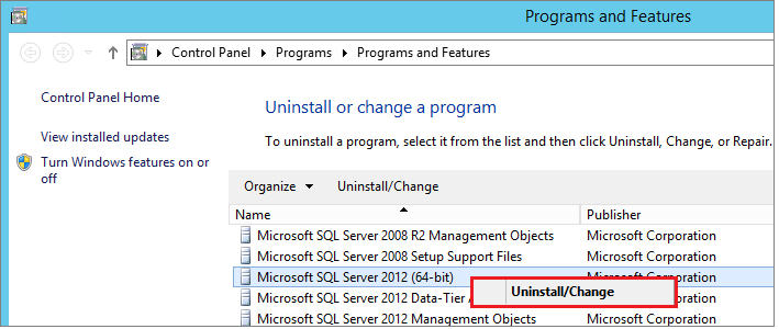 Screenshot showing how to uninstall SQL Server.