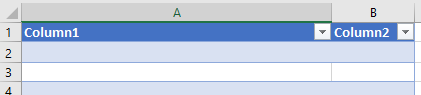 Screenshot of Excel file showing inserted table with sortable Column1 and Column2.
