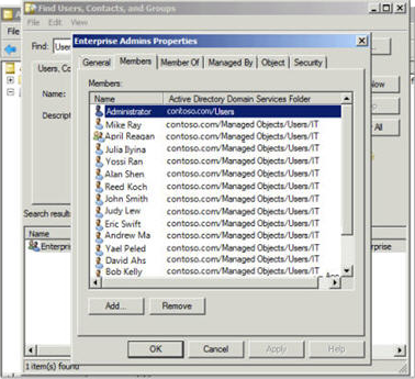 Screenshot of the Members tab in the Enterprise Admins Properties window.