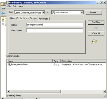 Screenshot to type enterprise admins in the Name box, and then click the Find Now option.