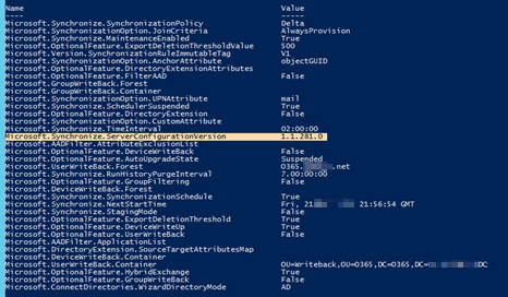 Screenshot shows the Azure AD Connection version in the server configuration.