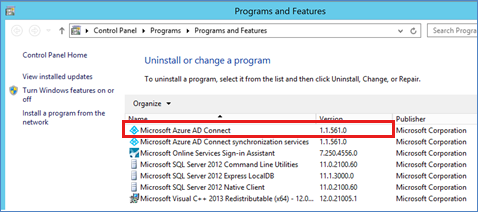 Screenshot shows the Azure AD Connection version.