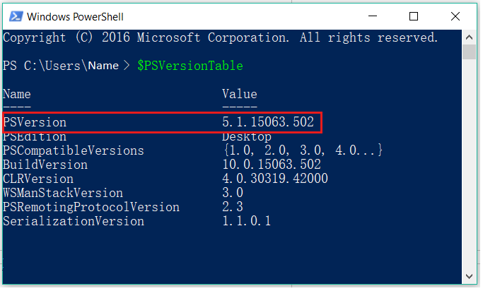 Screenshot of the version of Windows PowerShell.