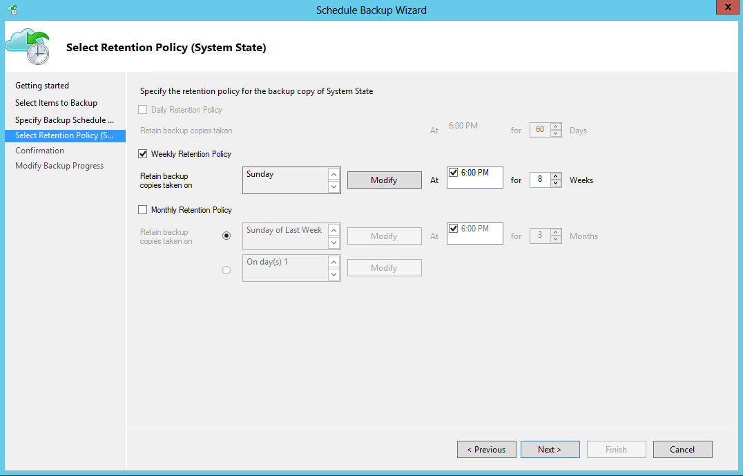 Screenshot of the System State backup retention policy.