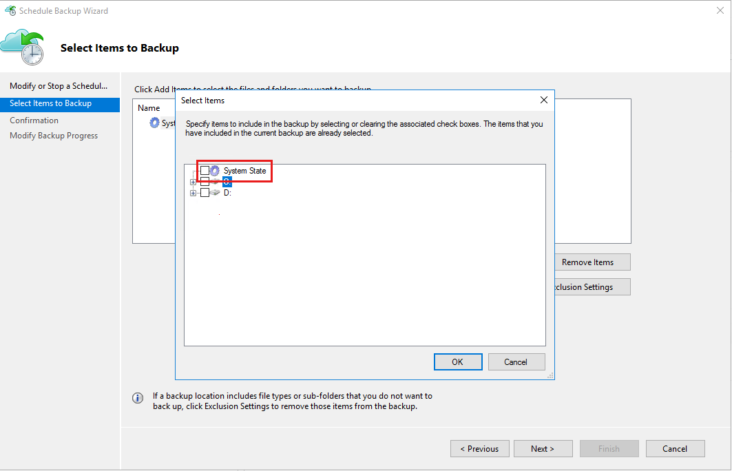 Screenshot of the System State backup wizard.