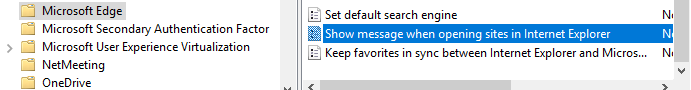 Screenshot of the Show message when opening sites in Internet Explorer policy in Microsoft Edge folder.