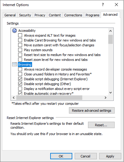Screenshot of the Internet Options window. Under Advance tab, the three check boxes are set.