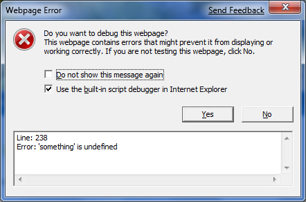 Screenshot of the Webpage Error message box, stating Do you want to debug this webpage.