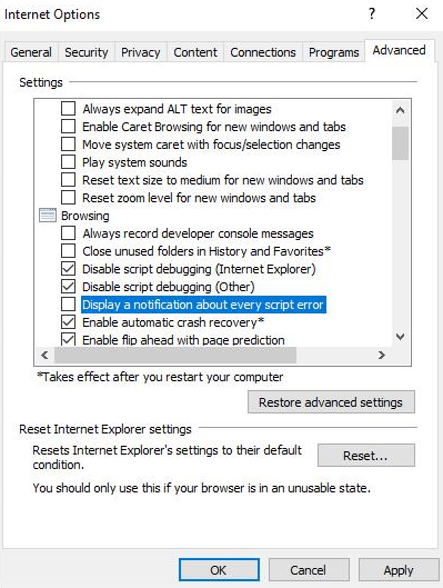 Screenshot of Internet Options window. Under the Advance tab, Display a notification about every script error check box is cleared.