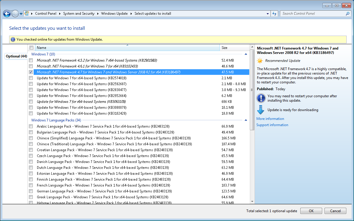 Screenshot shows the optional updates, where Microsoft .NET Framework 4.7 for Windows 7 and Windows Server 2008 R2 for x64 (KB3186497) is selected.