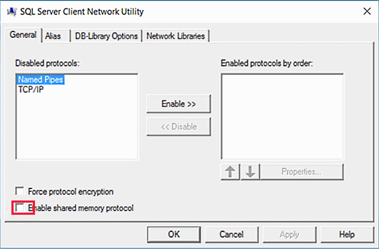 Screenshot of the SQL Server Client Network Utility dialog box. The Enable shared memory protocol check box is cleared.