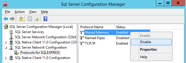 Screenshot of the sql server configuration manager window, showing menus to disable the protocol item named Shared Memory.