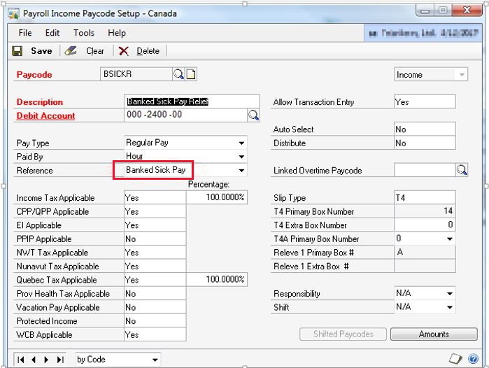 Screenshot of the Payroll Income Paycode Setup window. The Description field is Banked Sick Pay Relief. The Reference field is Banked Sick Pay.