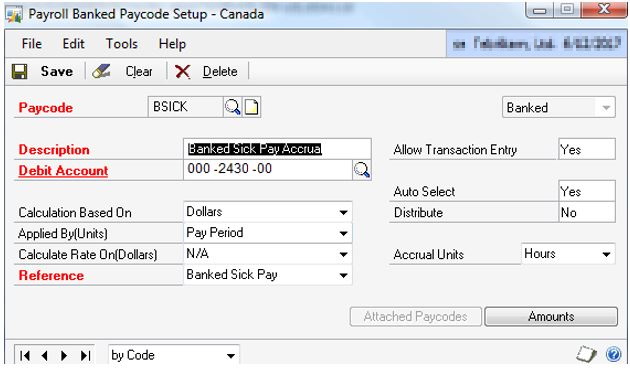 Screenshot of the banked sick pay code entry window. The Description field is set to Banked Sick Pay Accrual.
