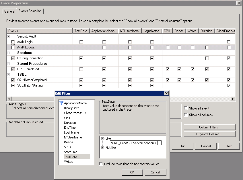 Screenshot shows the configuration of SQL Server Profiler to call MP_GetWSUSServerLocation.