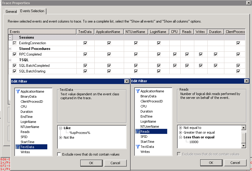 Screenshot shows the configuration of SQL Server Profiler to call spProcess.