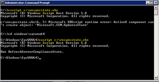 Screenshot of administrator command prompt running cscript.