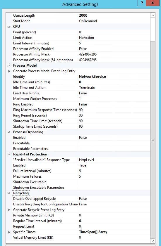 Screenshot of the settings in the Advanced Settings window.