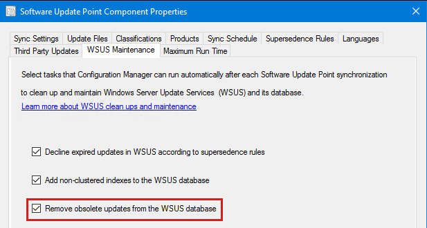 Screenshot of the Remove obsolete updates from the WSUS database option.
