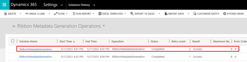 Screenshot of the RibbonMetadataGeneration operation status.