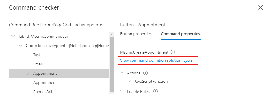 Screenshot of the View command definition solution layers link below the command name.
