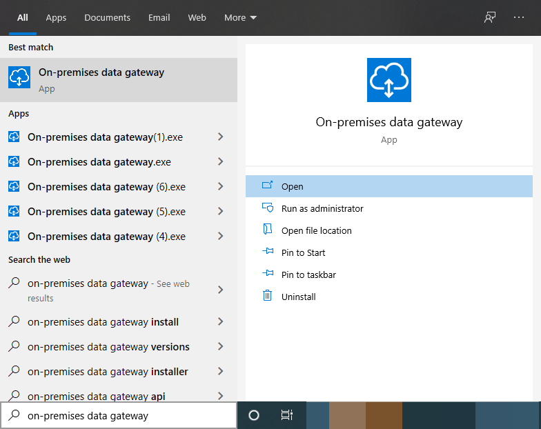 Screenshot that shows how to search for the On-premises data gateway app from the Start menu.