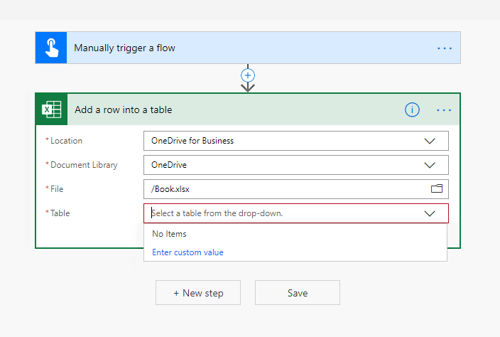 Screenshot shows that the Excel table drop-down menu has no table.