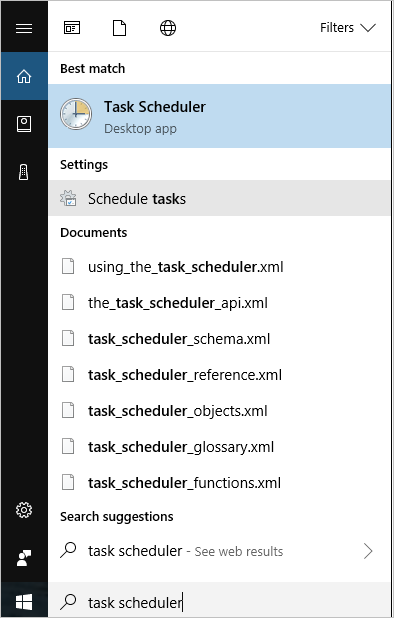 Screenshot of the Task Scheduler Desktop app option in the search bar of Start menu.