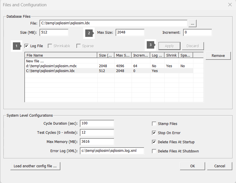 Screenshot of log file configuration.