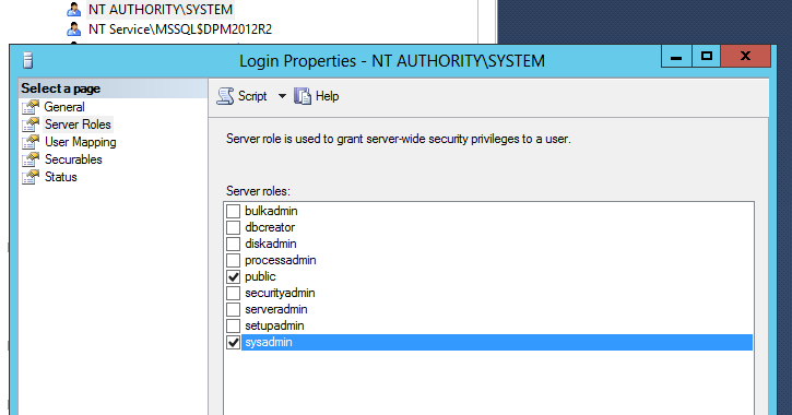 Make sure the sysadmin option is selected for the SYSTEM account.