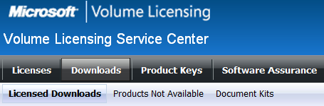 Screenshot of Licensed Downloads tab in Volume License Service Center.