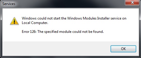 Screenshot of the Windows Modules Installer service Error 126.