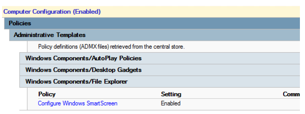 Screenshot shows the Configure Windows SmartScreen policy is enabled and it is empty under this policy.