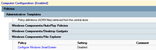 Screenshot shows the Configure Windows SmartScreen policy is disabled.