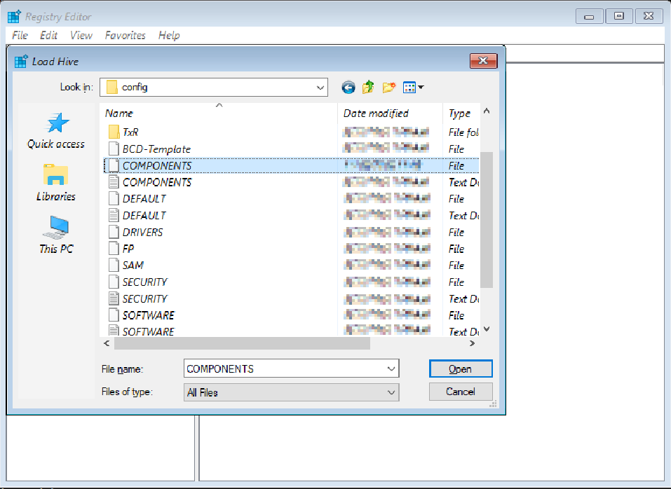 Screenshot of Registry Editor with the Load Hive window opened.