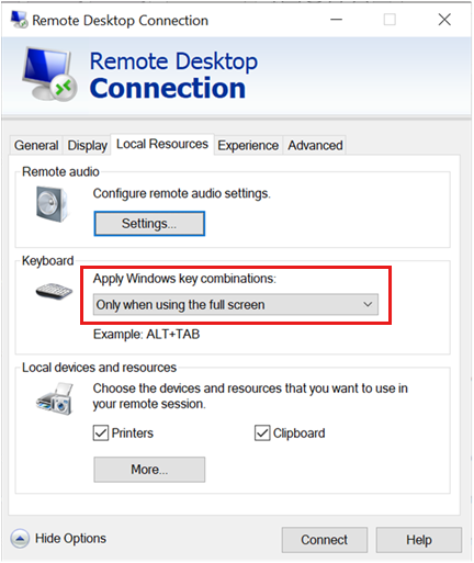 Screenshot of the Apply Windows key combinations option on the Local Resources tab of the Remote Desktop connection dialog box.
