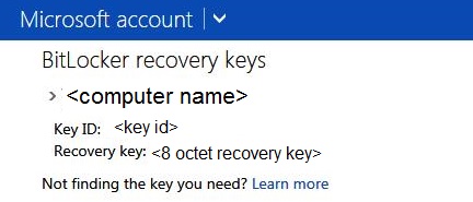 Screenshot of the page displaying the BitLocker recovery key.