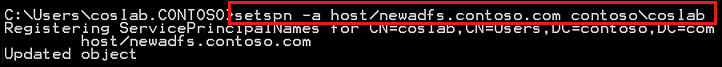 Screenshot for the result of the setspn command, which is to add the service principal name.
