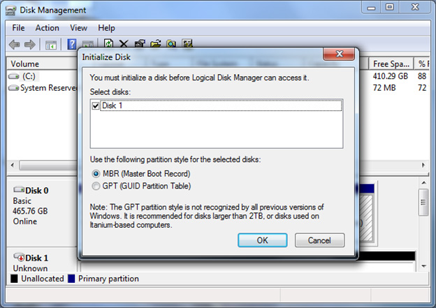 Initialize the disk in the Initialize Disk dialog box.