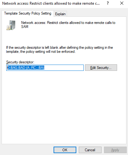 Restrict clients allowed to make remote calls to SAM policy setting dialog box.
