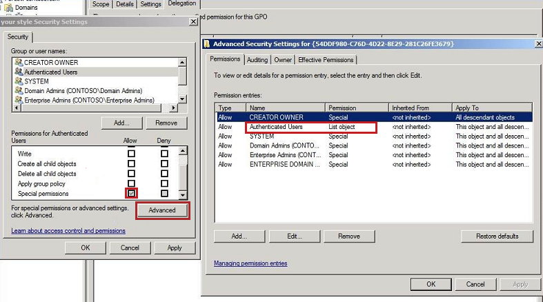 Check whether the Authenticated Users group is missing.