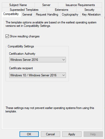 Screenshot of the compatibility settings of a certificate template, showing the compatibility level set to Windows Server 2016 and Windows 10.
