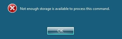Screenshot of the error message which is Not enough storage is available to process this command.