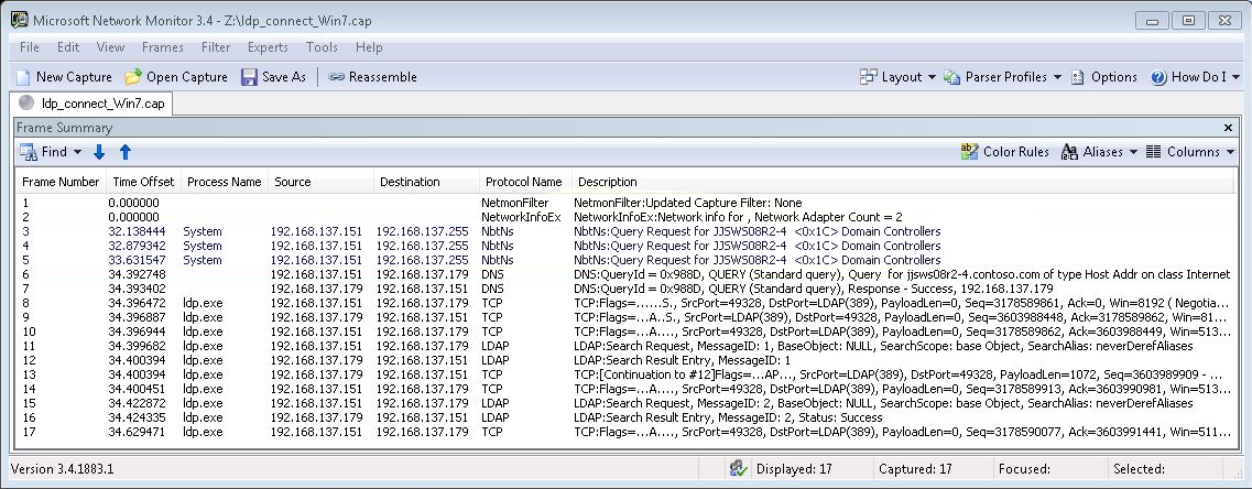Screenshot of the Microsoft Network Monitor window with network trace including 0x1C records.