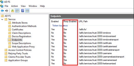 Verify the A D F S endpoints status shown on the Proxy Enabled column.
