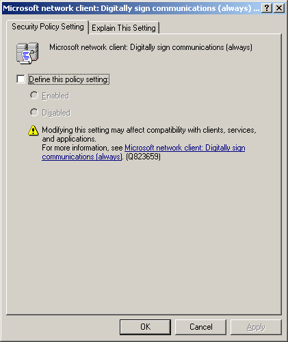Screenshot of the Microsoft network server window with the Define this policy setting check box cleared.