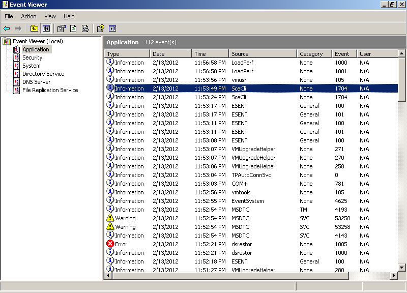 Screenshot of the Event Viewer window with Application selected.